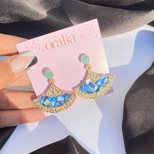 Golden Foil Earrings With Blue Uncut Stone - DropShp