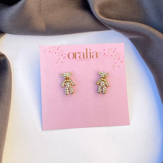 Golden  Stone Studded Teddy Bear Korean Earrings - DropShp