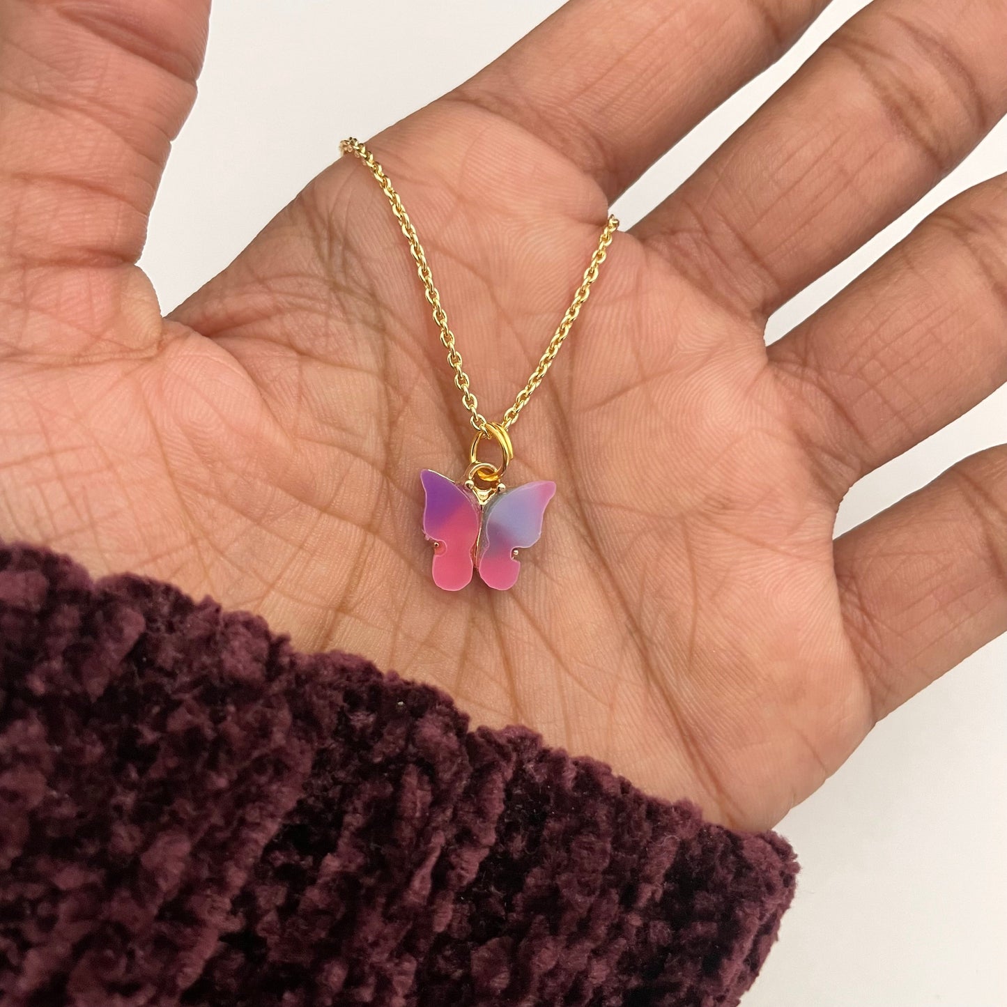 Cute Golden Waterproof Acrylic Pink Dual Shade Butterfly Charm Necklace - DropShp