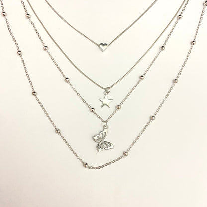 Layered Chain Necklace With Star & Butterfly Charm - DropShp