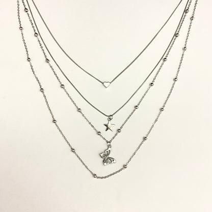 Layered Chain Necklace With Star & Butterfly Charm - DropShp