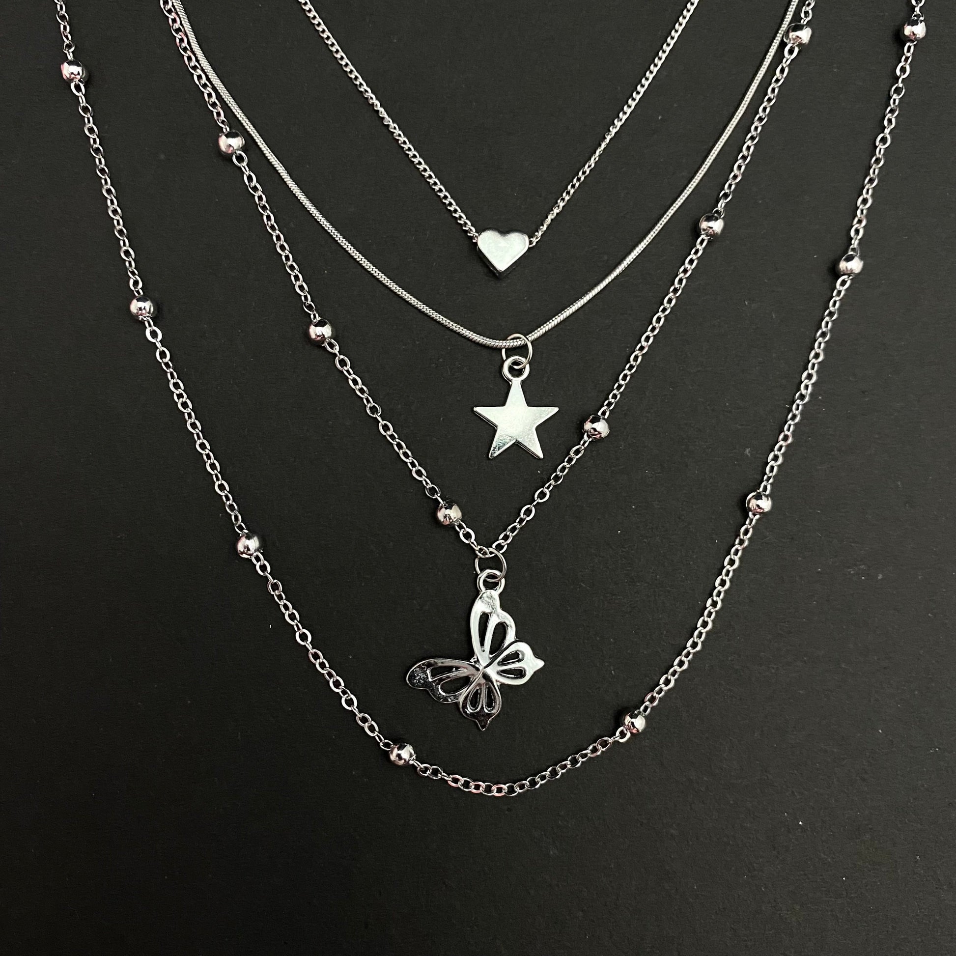 Layered Chain Necklace With Star & Butterfly Charm - DropShp