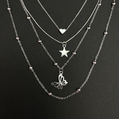 Layered Chain Necklace With Star & Butterfly Charm - DropShp