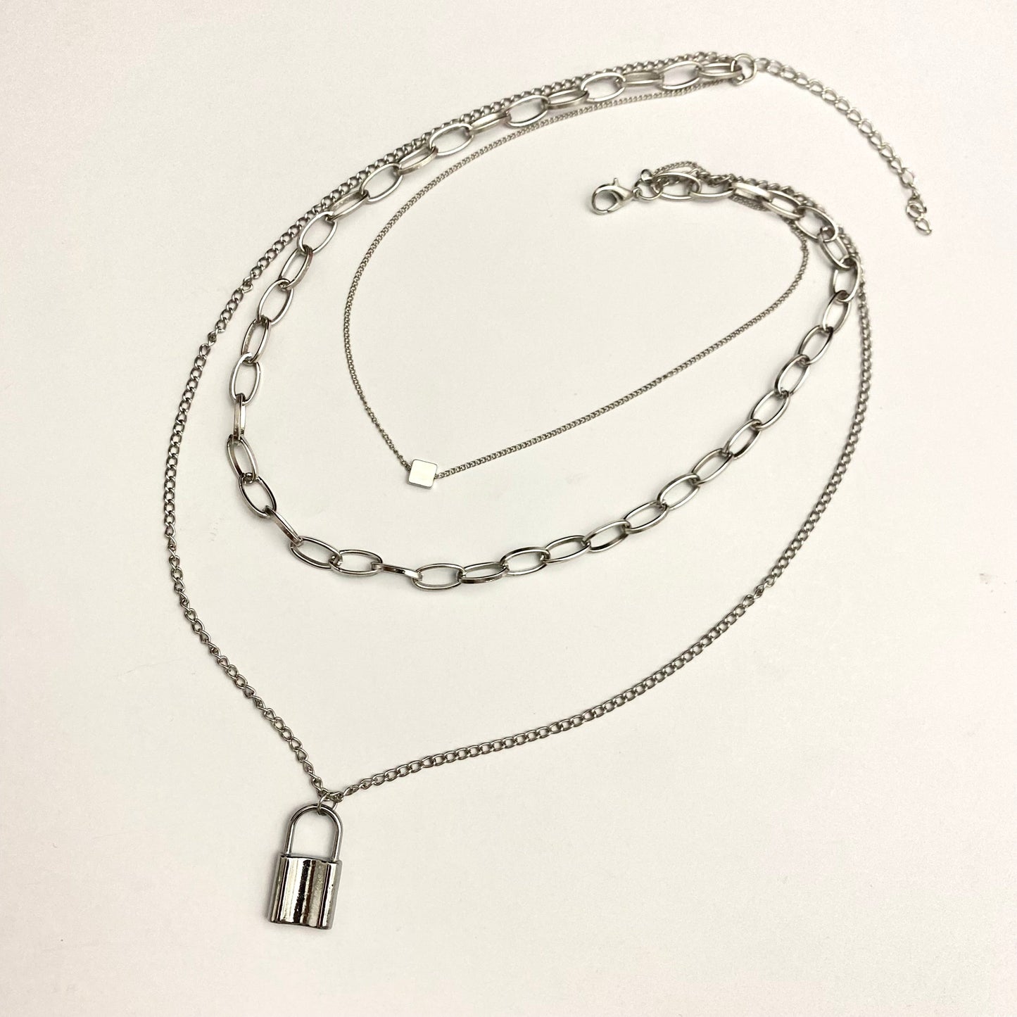 Silver Triple Layered Lock Charm Necklace - DropShp
