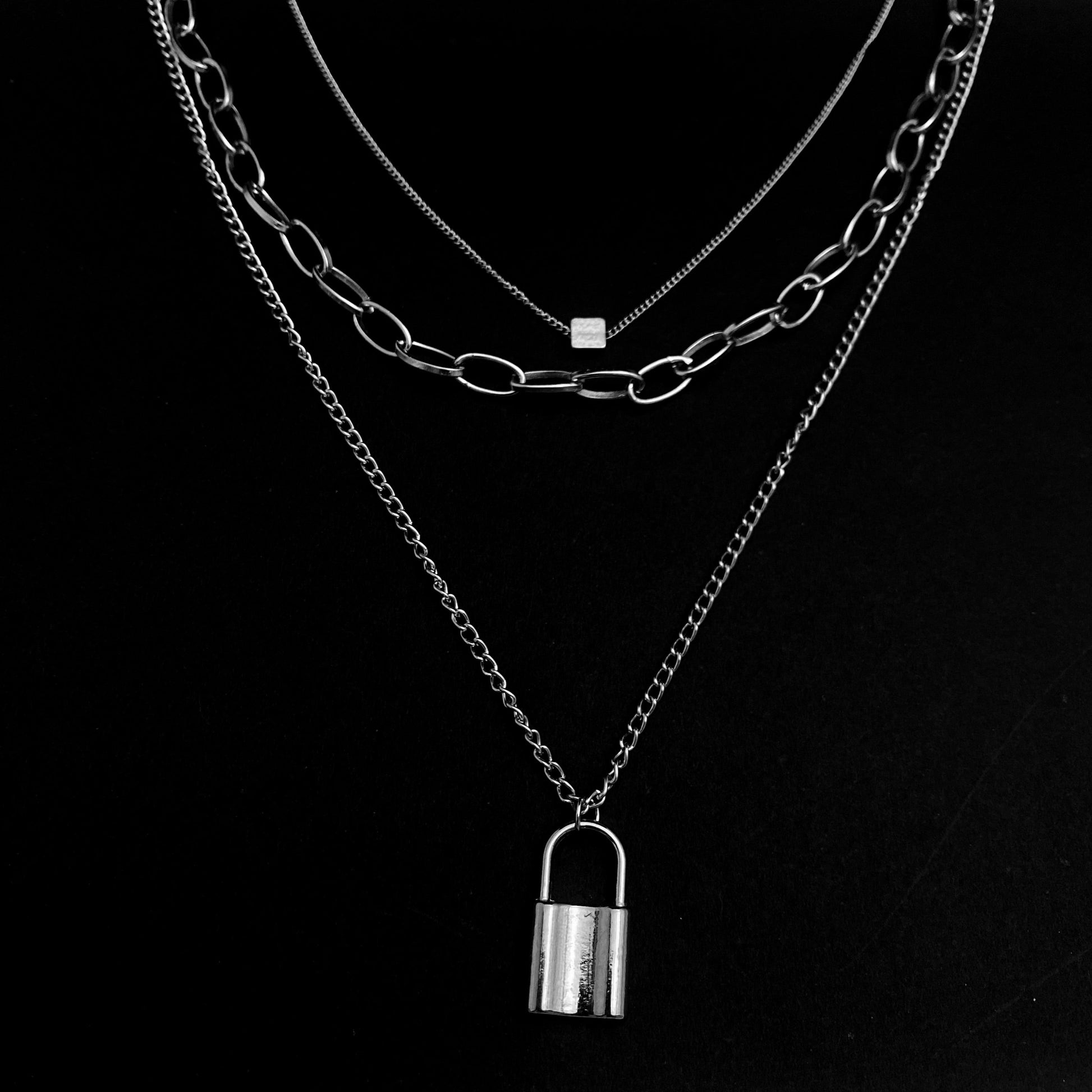 Silver Triple Layered Lock Charm Necklace - DropShp