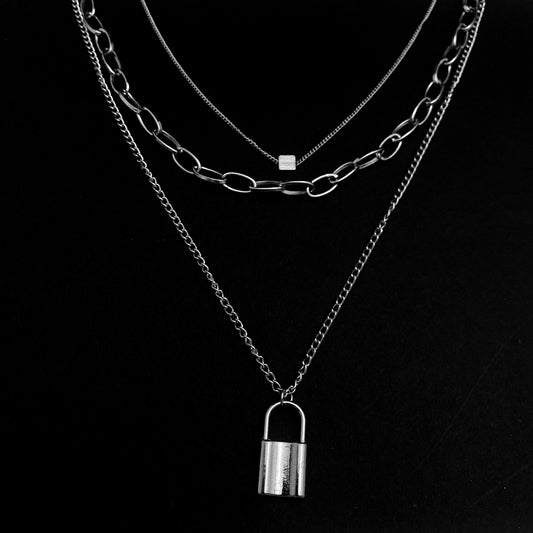 Silver Triple Layered Lock Charm Necklace - DropShp