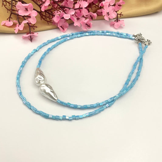 Adjustable Layered Sky Blue Y2K Glass Beads Choker - DropShp