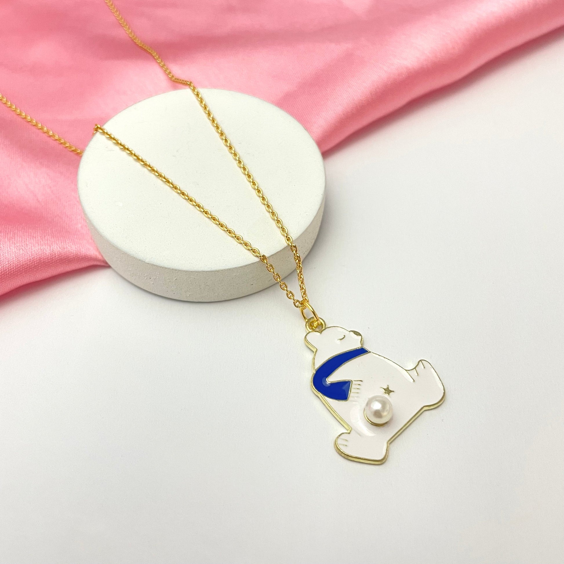 White Bear With Pearl Charm Necklace (Waterproof) - DropShp