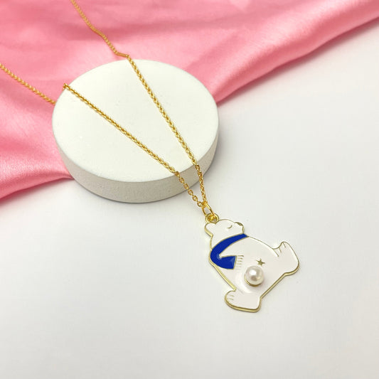 White Bear With Pearl Charm Necklace (Waterproof) - DropShp