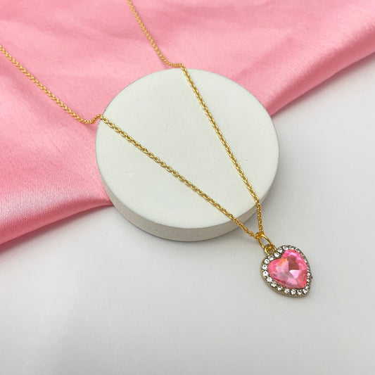 Cute Waterproof Pink Stone Studded Heart Charm Necklace - DropShp
