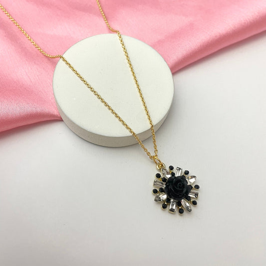 Cute Waterproof Black Stone Studded Flower Charm Necklace - DropShp