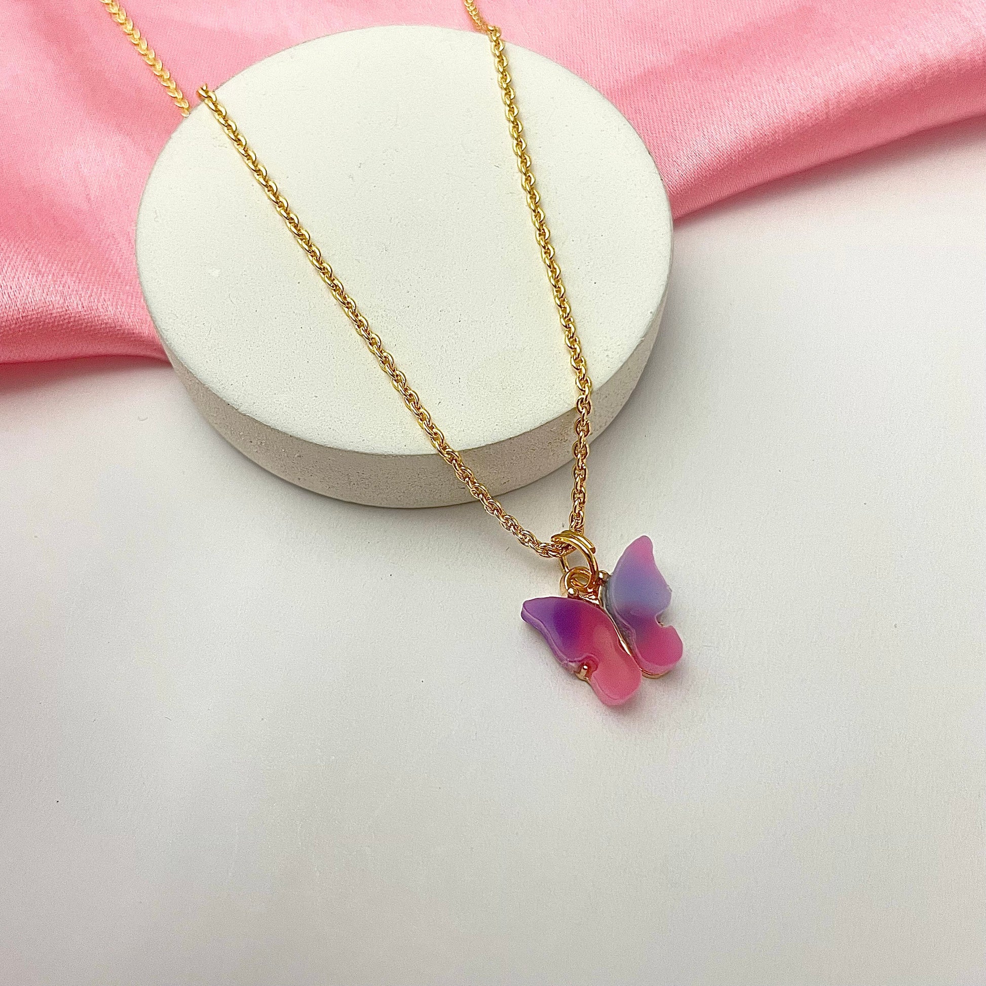 Cute Golden Waterproof Acrylic Pink Dual Shade Butterfly Charm Necklace - DropShp