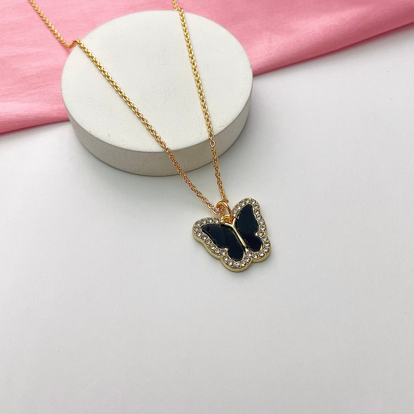 Waterproof Stone Studded Black Butterfly Necklace - DropShp