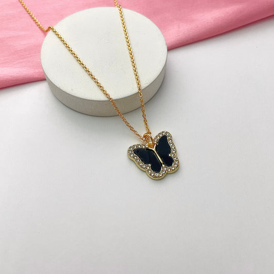 Waterproof Stone Studded Black Butterfly Necklace - DropShp
