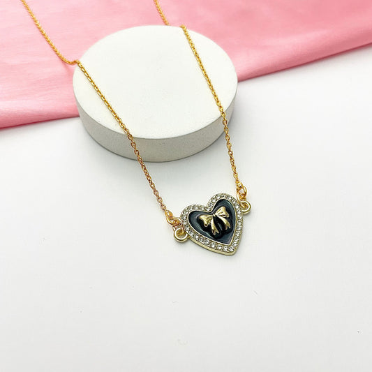 Waterproof Stone Studded Heart With Bow Charm Necklace - DropShp