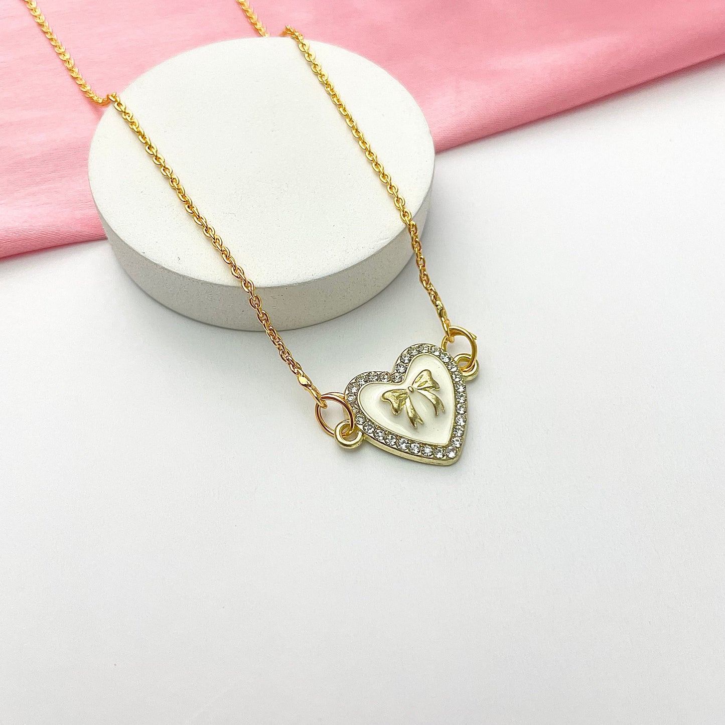 Waterproof Stone Studded White Heart With Bow Charm Necklace - DropShp