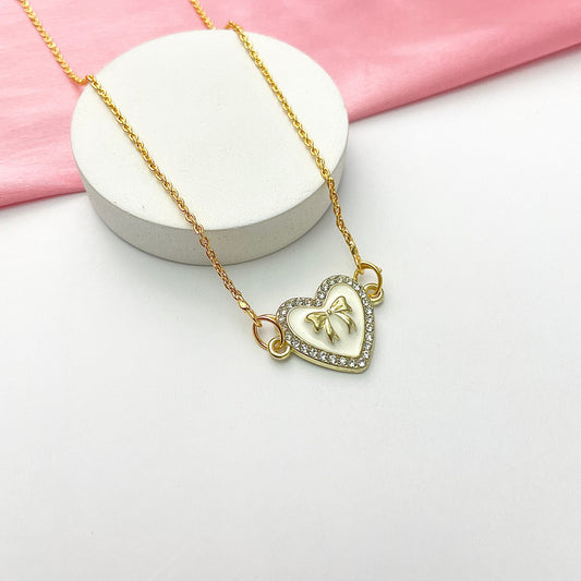Waterproof Stone Studded White Heart With Bow Charm Necklace - DropShp