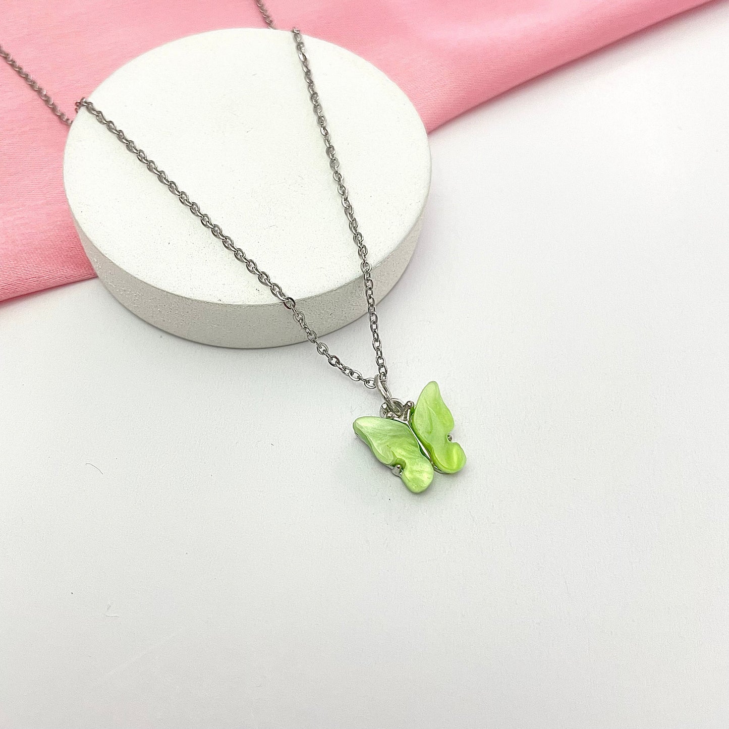 Light Green Acrylic Butterfly Necklace With Silver Stainless Steel Chain - DropShp