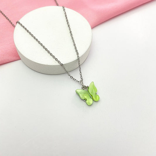 Light Green Acrylic Butterfly Necklace With Silver Stainless Steel Chain - DropShp
