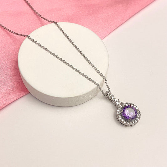 Premium Round Shape Lavender Stone Necklace With Stainless Steel Chain - DropShp