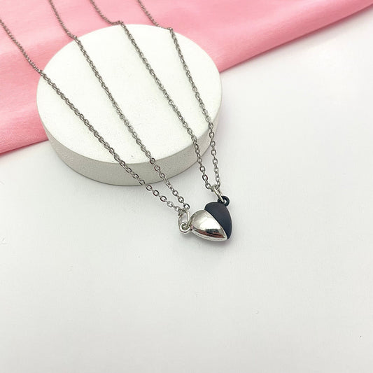 Waterproof Silver Magnetic Heart Couple Necklace With Stainless Steel Chain - DropShp