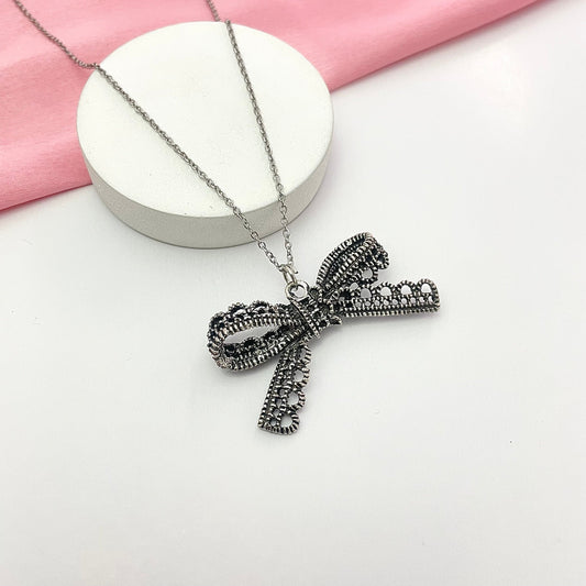 Silver Oxidised Bow Charm Necklace - DropShp