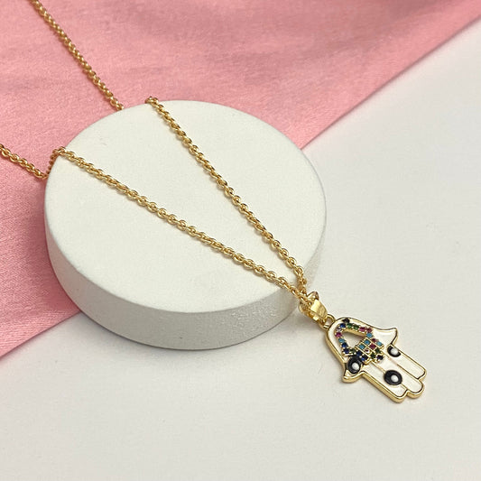 Premium Golden Hamsa Hand Necklace With Stainless Steel Chain - DropShp