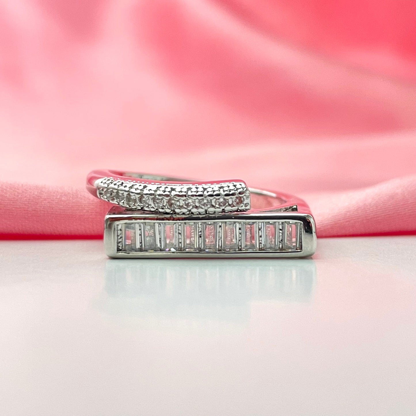 Adjustable Silver Crystal White Square Cubic Zirconia Double Layer Copper Ring - DropShp