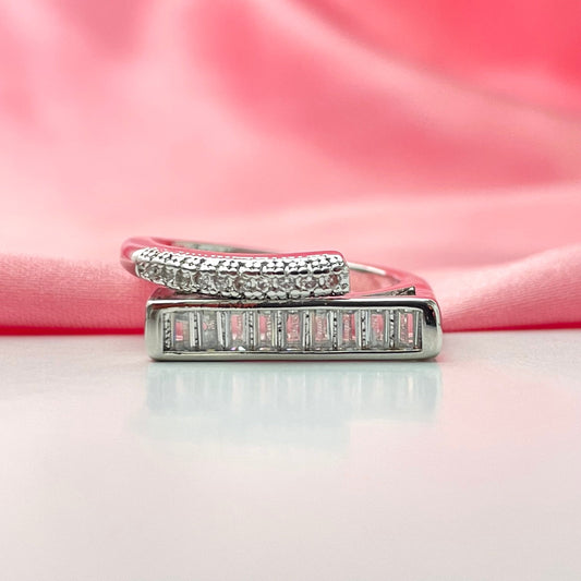 Adjustable Silver Crystal White Square Cubic Zirconia Double Layer Copper Ring - DropShp