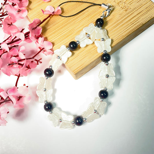 Cute Black Glass Pearl Phone Charm Strap With Butterfly Charm - DropShp