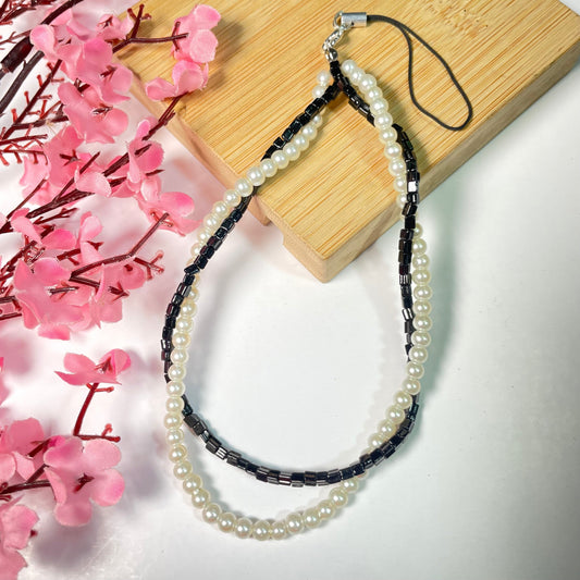 Cute Black & White Layered Glass Pearl Phone Charm Strap - DropShp