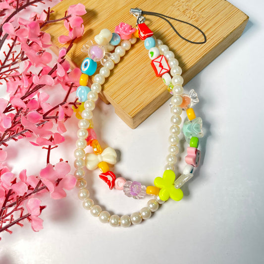 Cute Layered Pearl Phone Charm Strap With Clay Beads Charms - DropShp