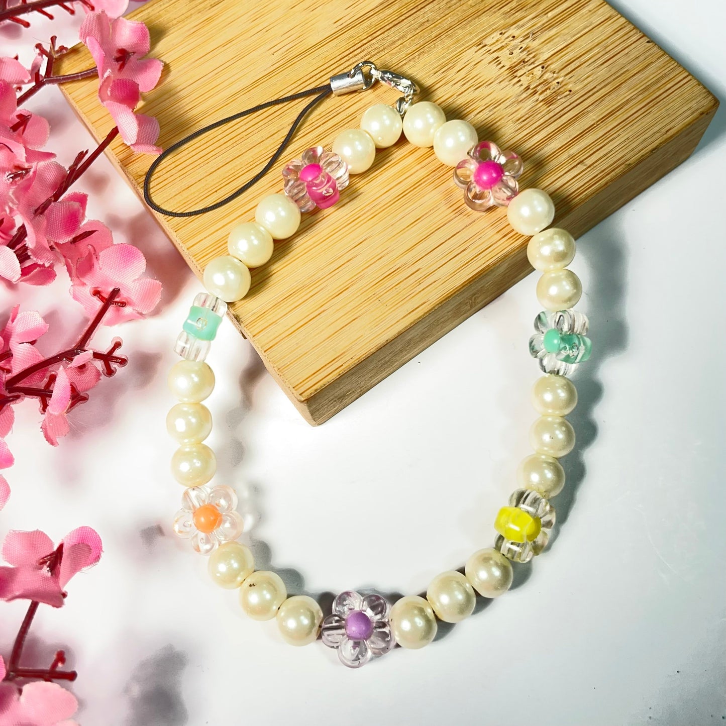 Cute Glass Pearl Phone Charm Strap With Flower Charms - DropShp