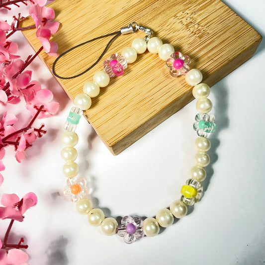 Cute Glass Pearl Phone Charm Strap With Flower Charms - DropShp