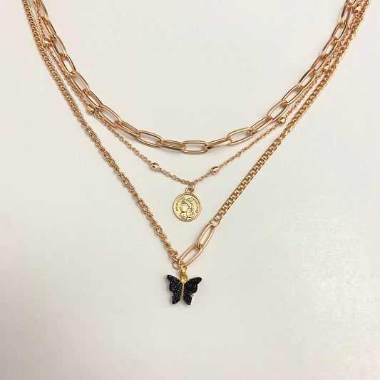 Triple Layered Necklace With Black Glitter Butterfly Charm - DropShp