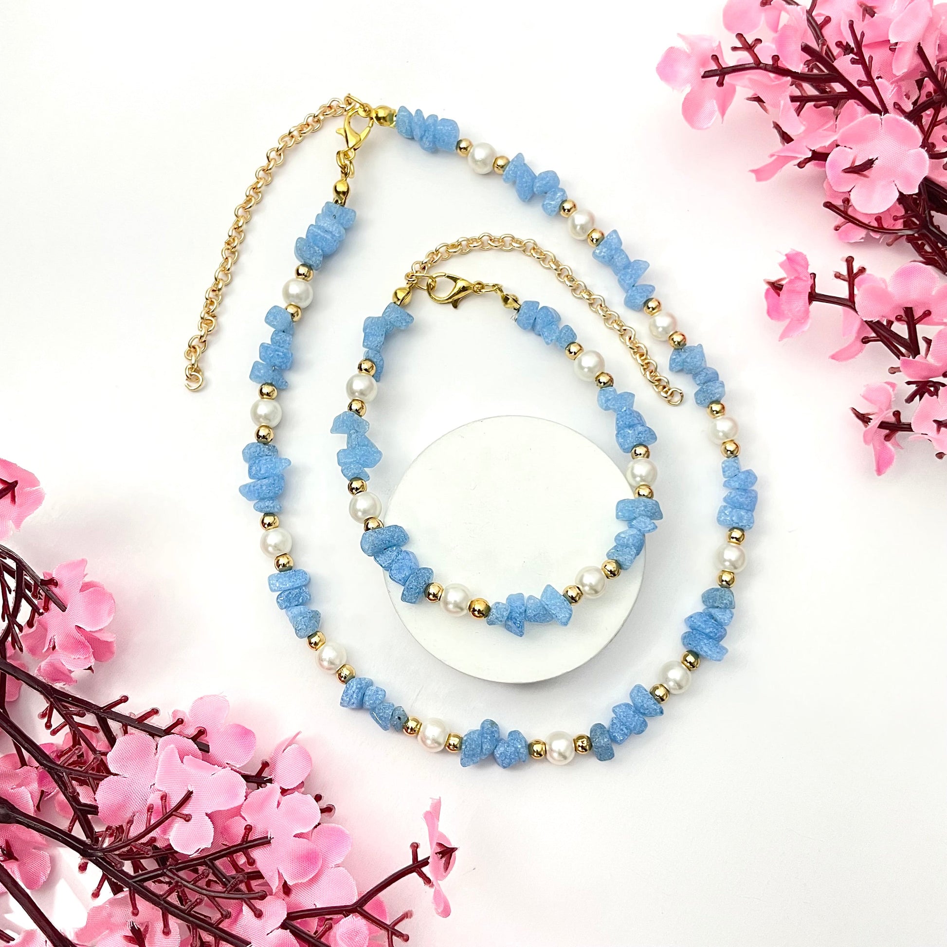 Adjustable Unique Blue Uncut Stone Choker & Bracelet Combo Perfect For Dailywear - DropShp