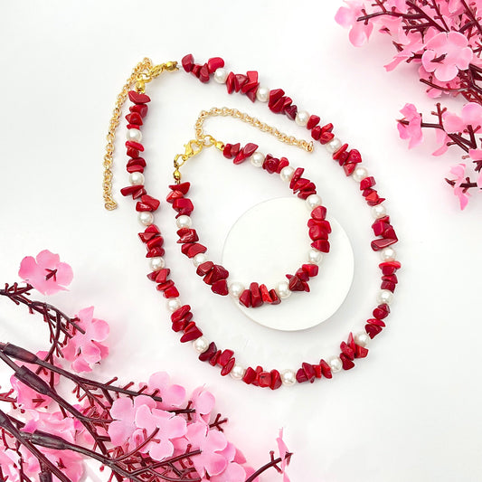 Adjustable Unique Red Uncut Stone Choker & Bracelet Combo Perfect For Dailywear - DropShp