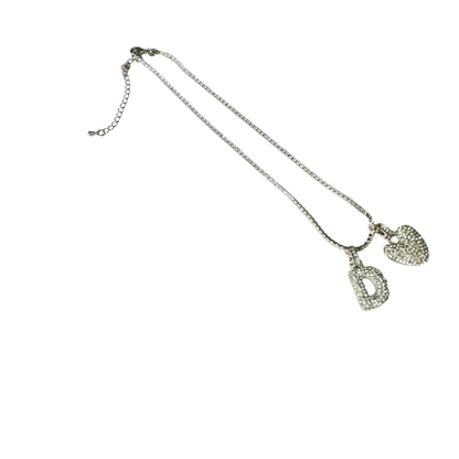 Gift For Valentine's Day Silver Stone Studded D Initial With Heart Charm Necklace - DropShp