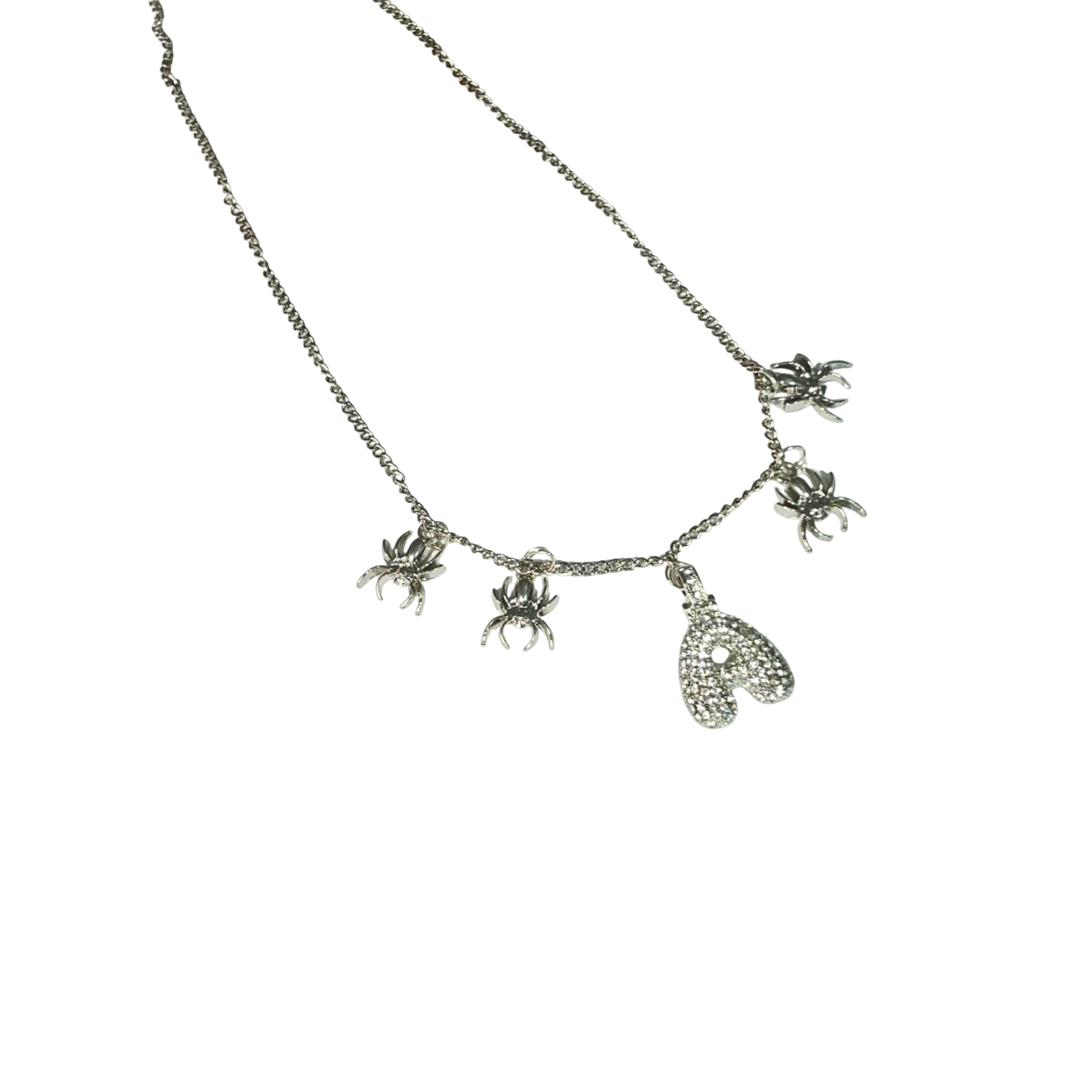 Gift For Valentine's Day Silver Stone Studded A Initial With Spider Charm Necklace - DropShp
