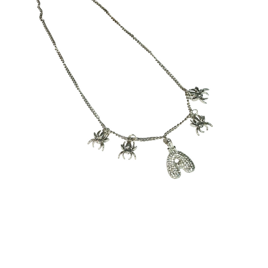 Gift For Valentine's Day Silver Stone Studded A Initial With Spider Charm Necklace - DropShp