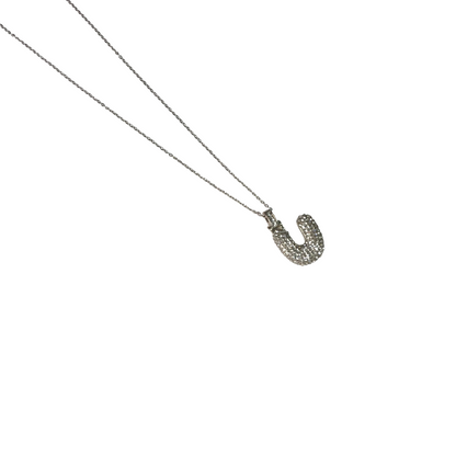 Gift For Valentine's Day Silver Stone Studded U Initial Necklace - DropShp