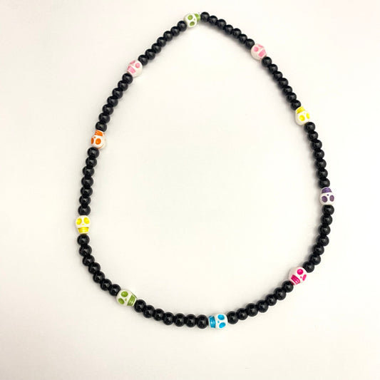 Black Beads Skull Head Necklace (6mm Beads) - DropShp