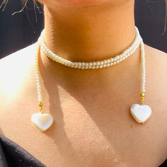 Minimal Pearl Scarf Necklace With Heart Pendant - DropShp