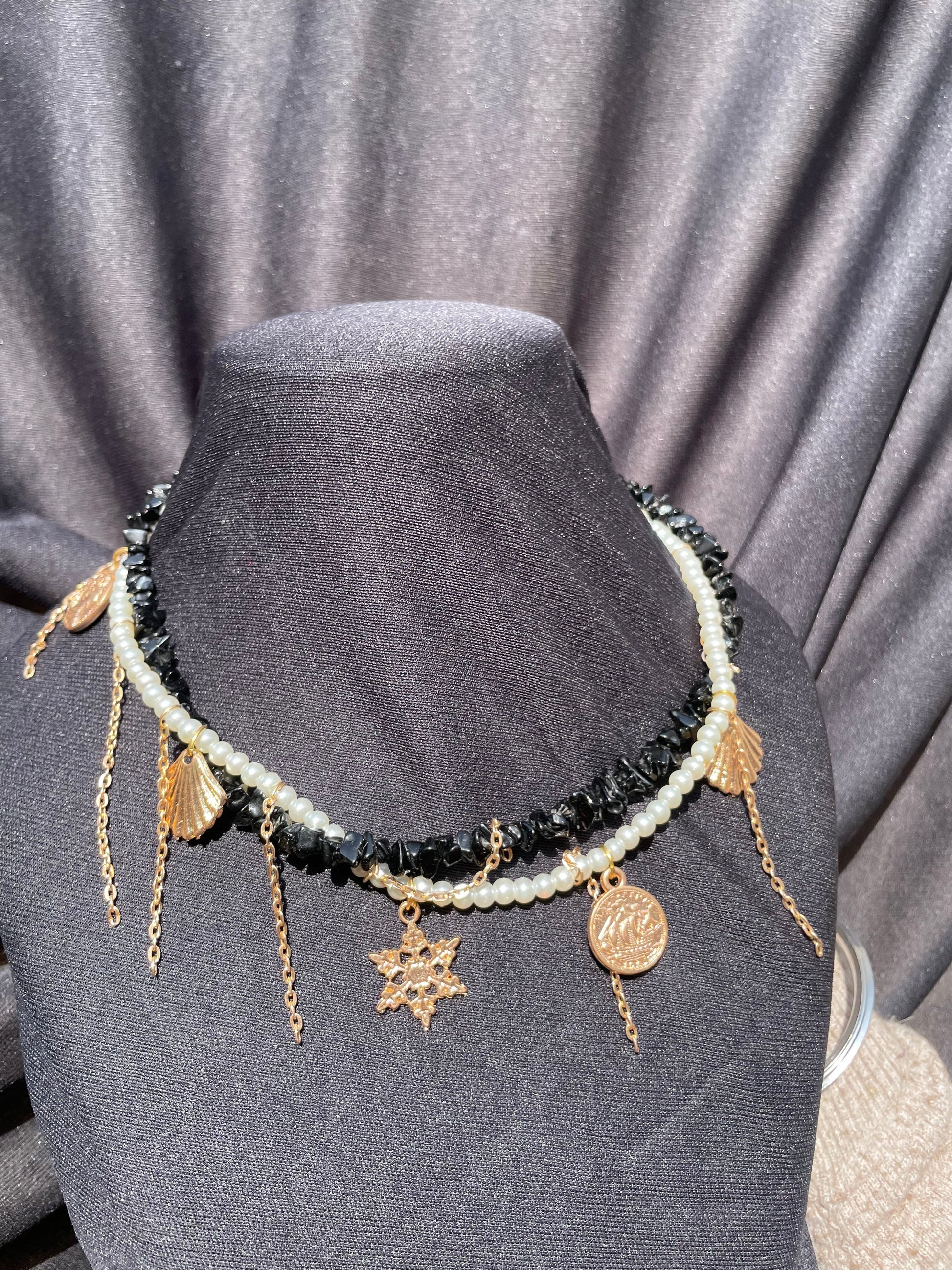 Layered  Black Crystal Golden Multi Charms Y2K Choker - DropShp