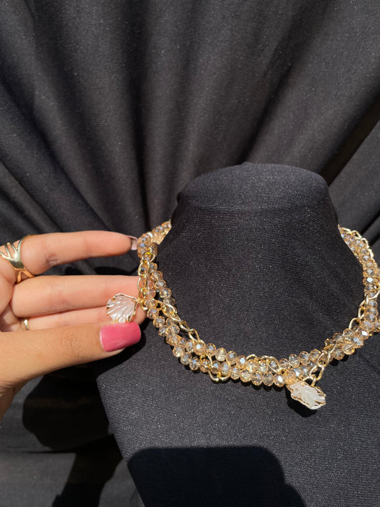 Layered  Crystal Shell Charm Choker - DropShp