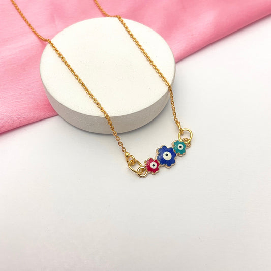 Waterproof Golden Flowers Evil Eye Charm Necklace - DropShp
