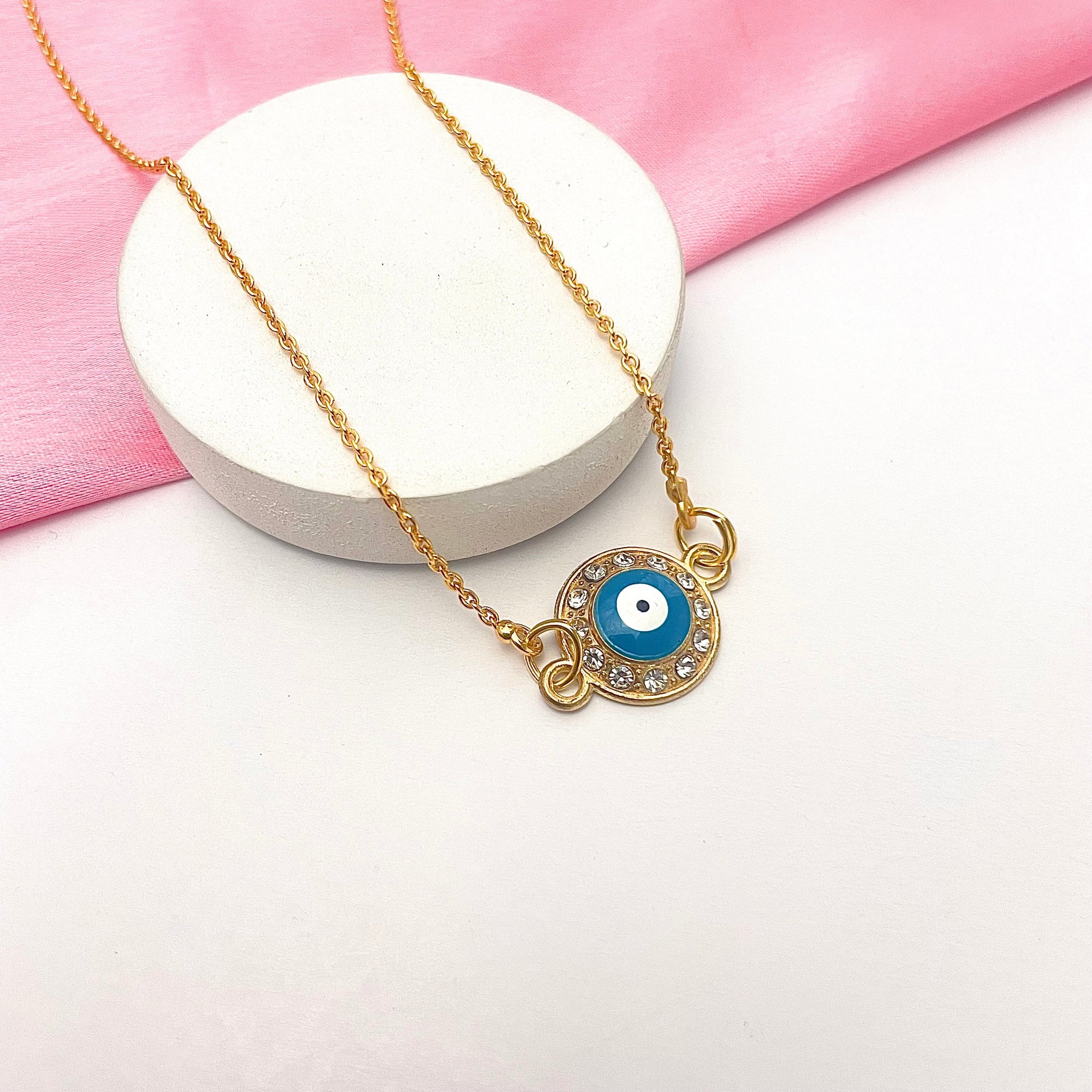 Blue Round Stone Studded Evil Eye Charm Necklace(Waterproof) - DropShp
