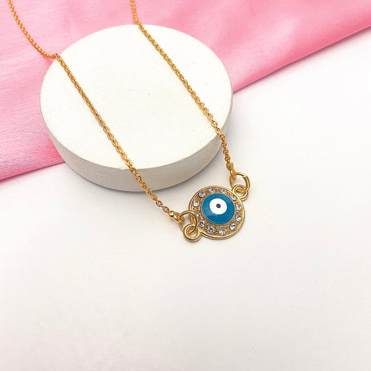 Blue Round Stone Studded Evil Eye Charm Necklace(Waterproof) - DropShp