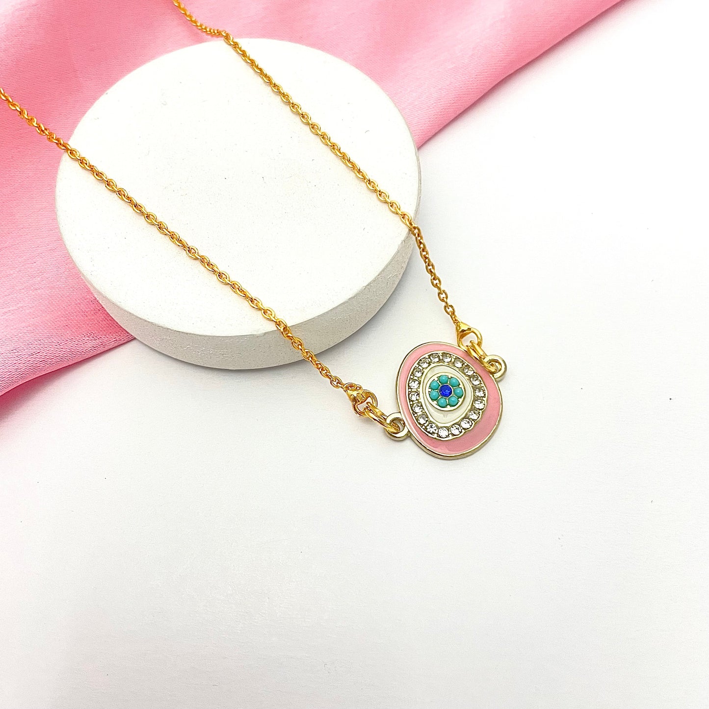 Pink Zircon Evil Eye Charm Necklace(Waterproof) - DropShp
