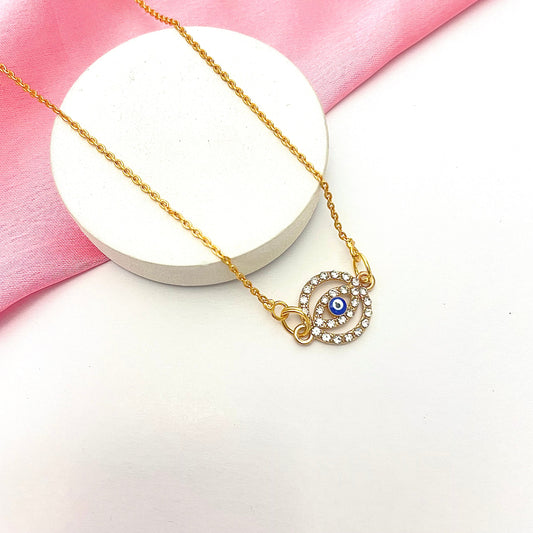 Waterproof Golden Round Stone Studded Evil Eye Charm Necklace - DropShp